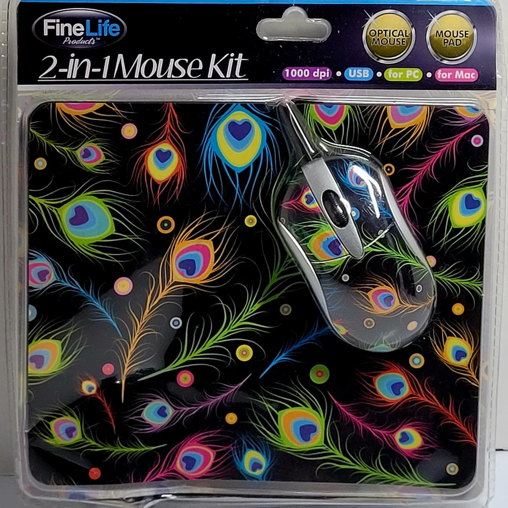 Fine Life Products 2-in-1 Mouse Kit Peacock Optical Mouse & Matching Mouse Pad N